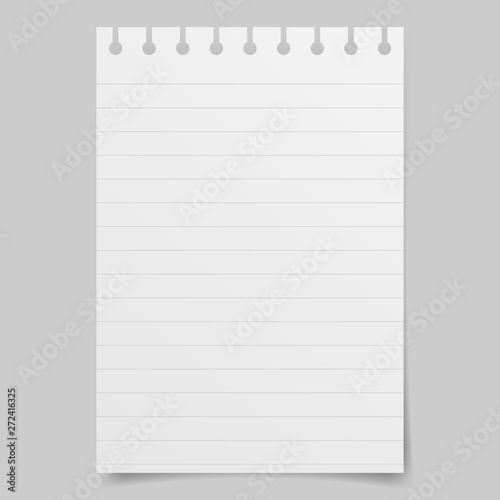 Realistic vector illustration of blank sheets of lined paper from a block isolated on a gray background with shadows. Notebook paper