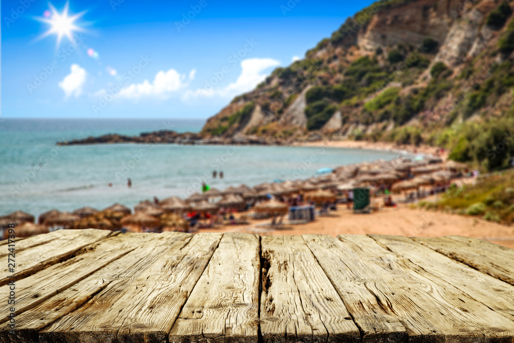 Fototapeta premium Summer desk of free space and beach landscape with sea 