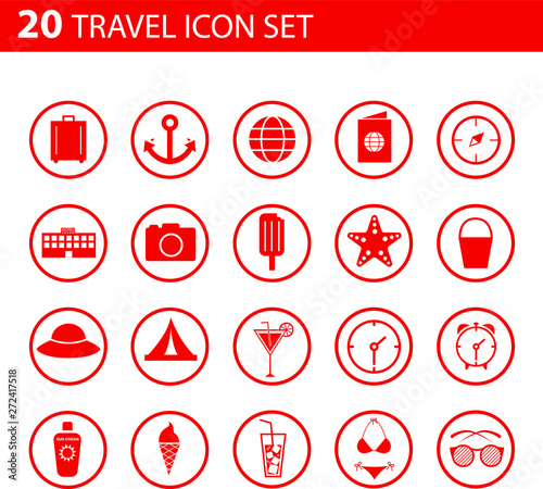 20 Icone SET viaggio e vacanze con cerchio rosso seconda serie, vettoriale