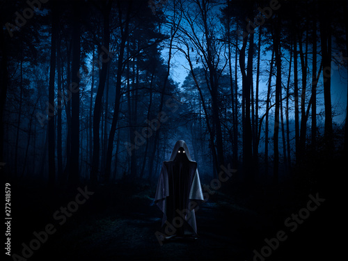 Ghost in a dark forest - spooky, horror or ufo concept