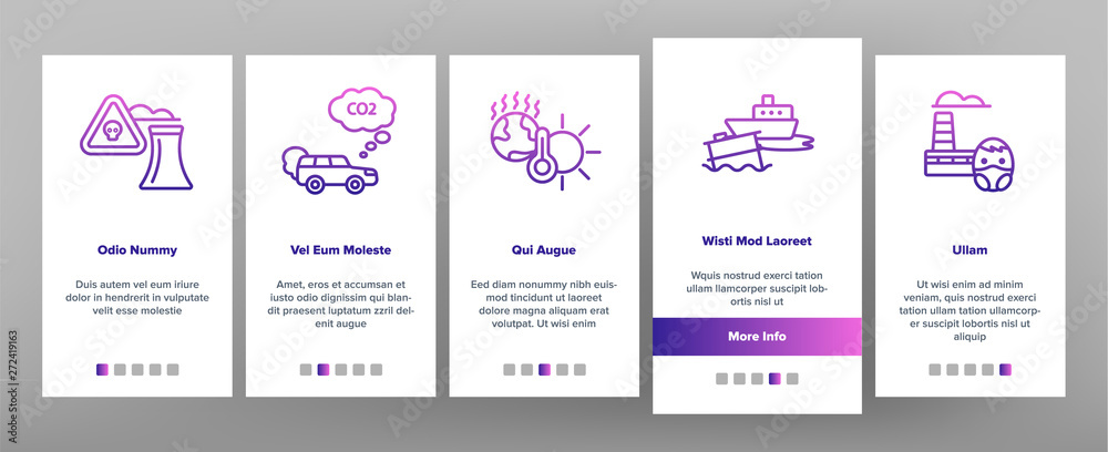 Environmental Air Pollution Vector Onboarding Mobile App Page Screen. Smog, Toxic Waste, CO2 Air Pollution Thin Line Illustration. Factory Smoke, Gas, Dust Ecosystem Danger