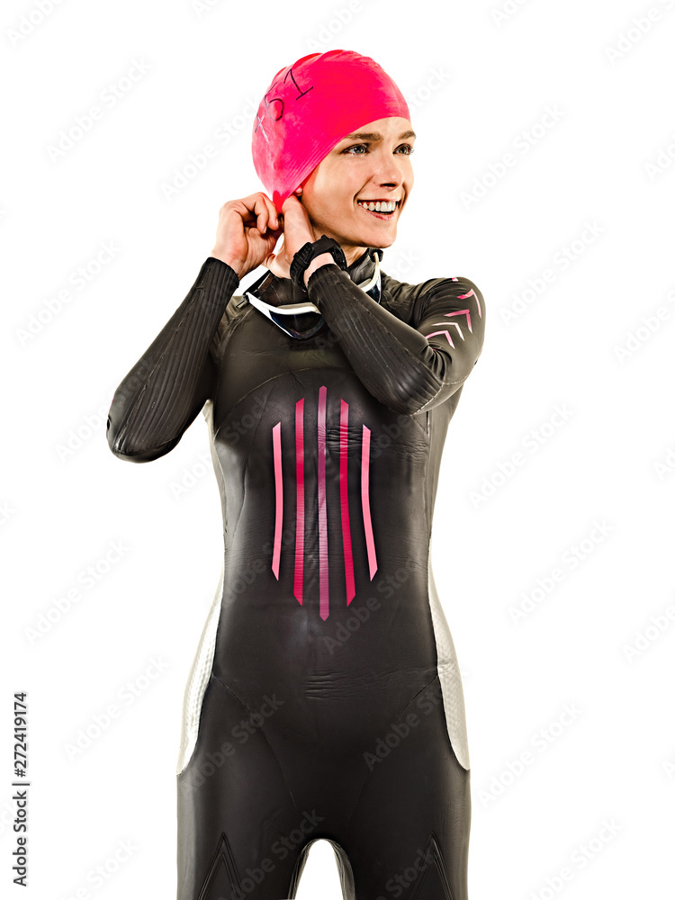 one caucasian woman practicing triathlon triathlete ironman swimmer swimming swimsuit studio shot isolated on white background one caucasian woman practicing triathlon triathlete ironman swimmer swimming swimsuit studio shot isolated on white background
