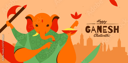 Happy Ganesh Chaturthi celebration flat banner design with indian architecture - Vector 