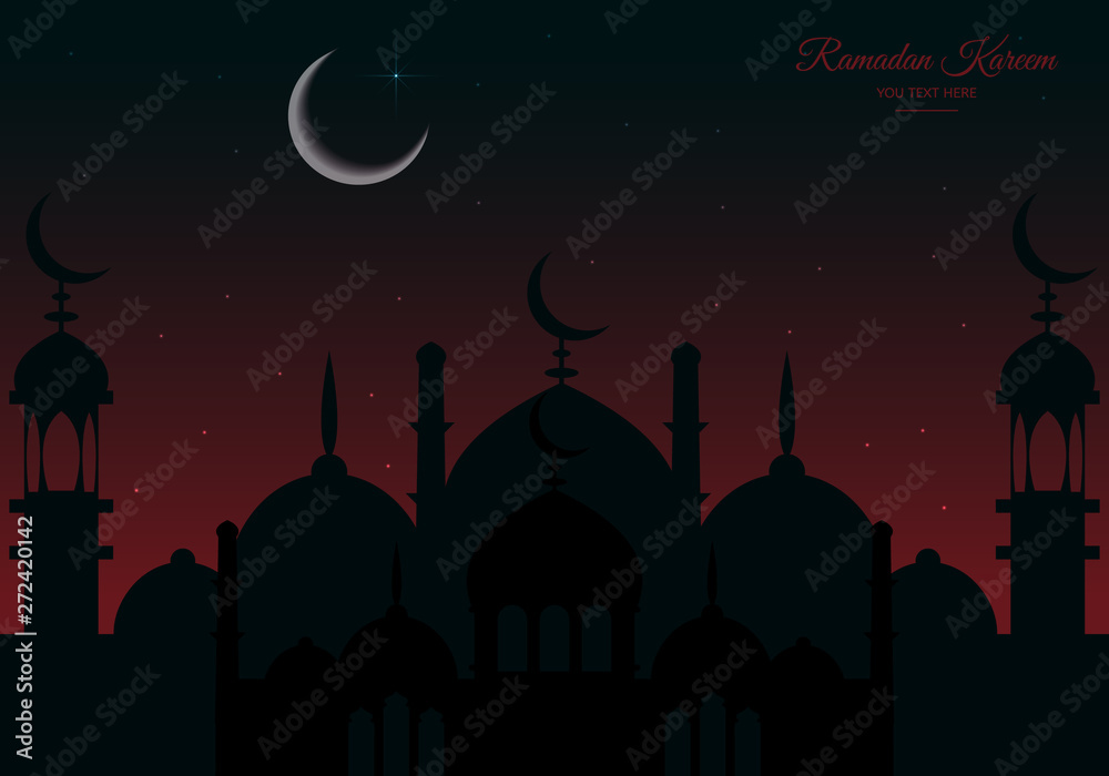Beautiful holy festival eid and ramadan background. Mosque silhouette in night sky and abstract light for ramadan of Islam. Ramadan kareem greeting card with mosques. Moon in night sky and mosque 