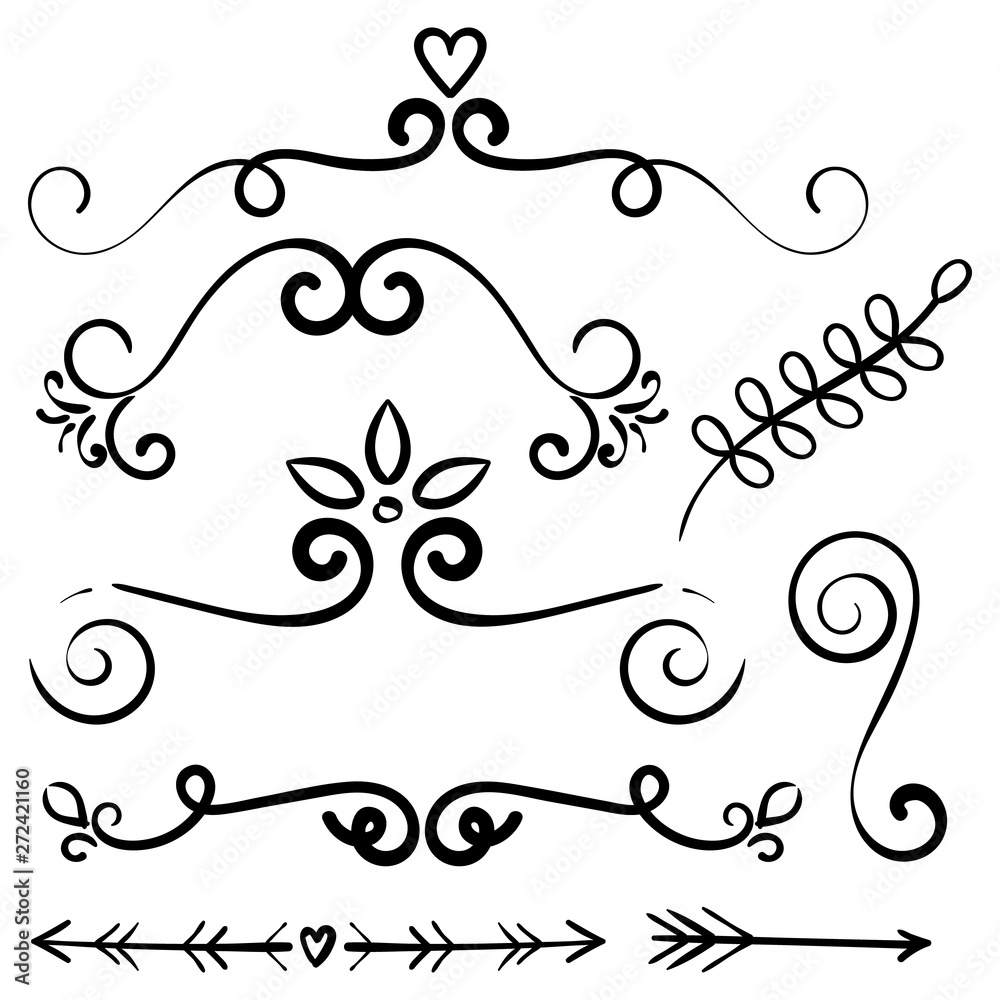 Doodle set of curls border text dividers. Hand drawn abstract text dividers, wedding decor design elements. Hand-drawn with ink and brush vector illustration Doodle set of curls border text dividers. Hand drawn abstract text dividers, wedding decor design elements. Hand-drawn with ink and brush vector illustration