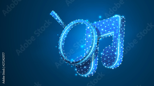 Magnifying glass on Music note. Sound analysis, business safety, musical research concept. Abstract, digital, wireframe low poly mesh Raster blue neon 3d illustration. Triangle line dot