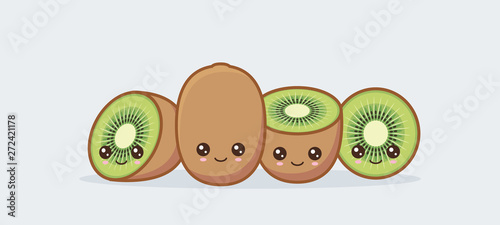 Kiwi set drawn cute kawaii food faces