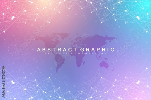 Big data visualization. Geometric graphic background molecule and communication. Global network connection. Connected lines with dots. Minimalism chaotic illustration background. Vector illustration.