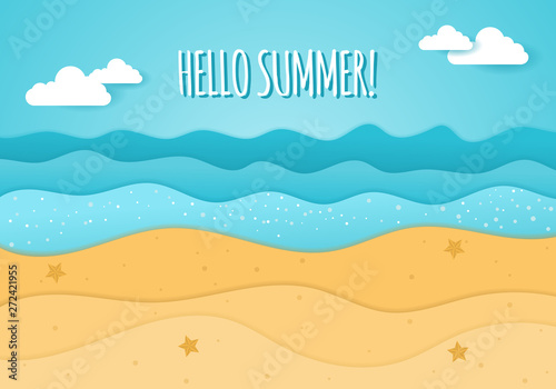 Cool summer sea and beach. Paper cut Hello Summer banner. Top view of Summer beach with sun umbrella, rubber ring in donut form, picnic mat, coconut tree, hat and sea wave on sandy beach