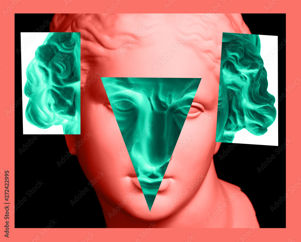 Contemporary art colorful poster with details of ancient statues busts Venus de Milo and Homer.