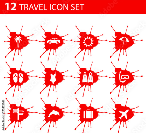 12 Icone SET viaggio e vacanze spruzzo colore rosso, prima serie vettoriale