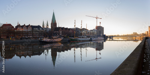 Panorama of Bremen at the Schlachte, St. Petri Dom, ships at sunrise
