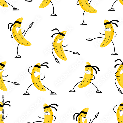 Vector seamless pattern. Banana is engaged in martial arts. Emoji style.