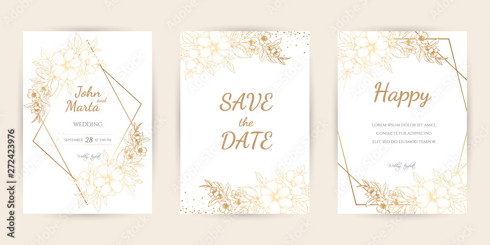 Wedding Invitation with Gold Flowers and gold geometric line design. background with geometric golden frame. Cover design with an ornament of golden leaves. vector eps10