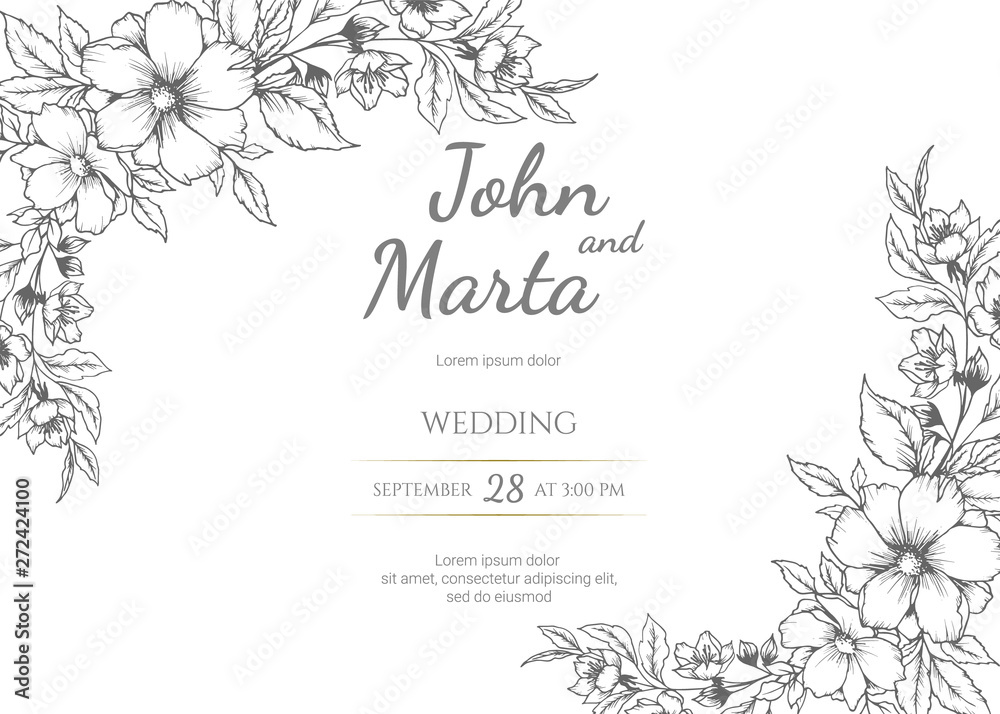 wedding invitation with summer flowers. Black and white vector