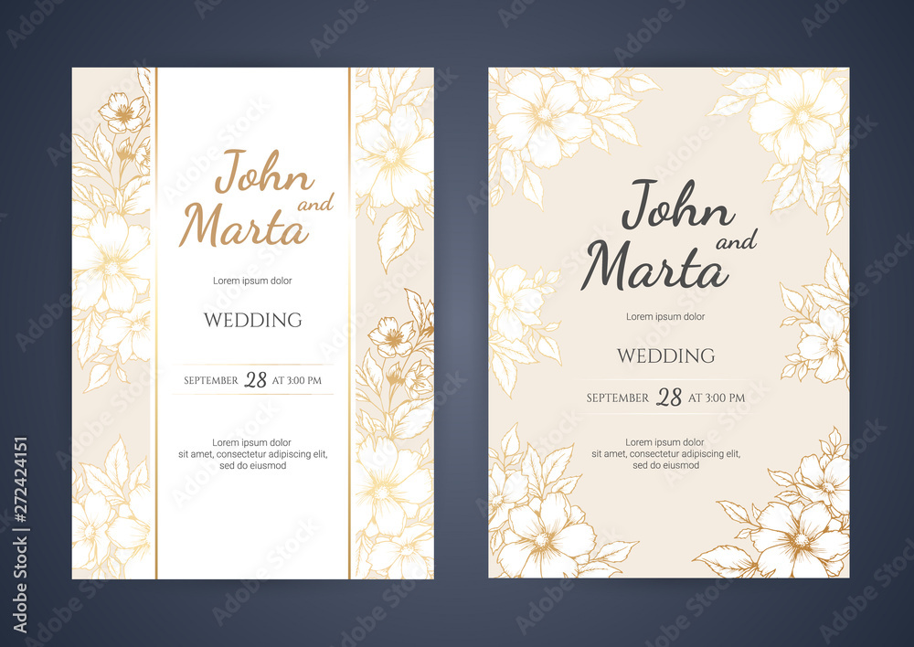Obraz premium Wedding Invitation with Gold Flowers and gold geometric line design. background with geometric golden frame. Cover design with an ornament of golden leaves. vector eps10