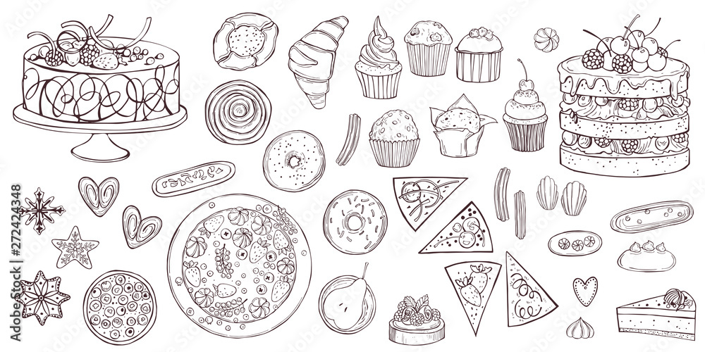 Bakery products set. Cookies, muffins, cakes. Vector sketch  illustration.