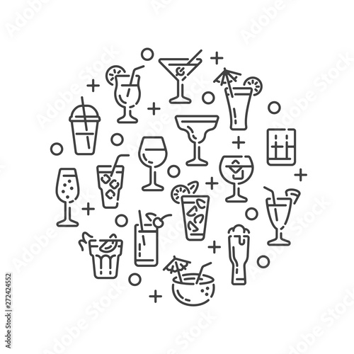 Line design with alcoholic drinks and cocktails elements isolated on white background. Vector illustration.