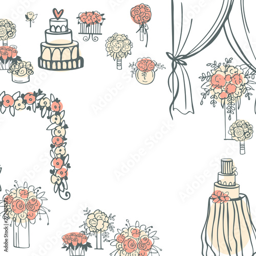 Vector background with wedding flowers, cake, bridal bouquet.