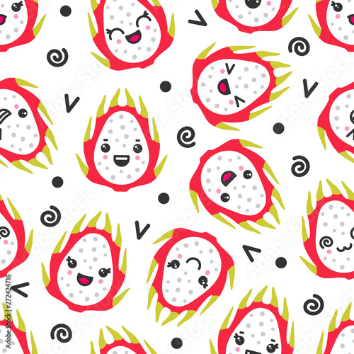 Cute smiling dragon fruits, vector seamless pattern on white background. Best for textile, backdrop, wrapping paper