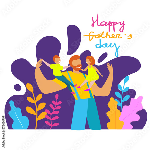 Fathers Day greeting card. Happy father with his children