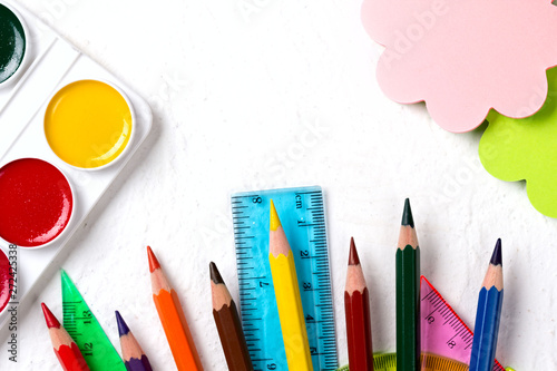 School supplies. Back to school concept on white background Top view Flat lay