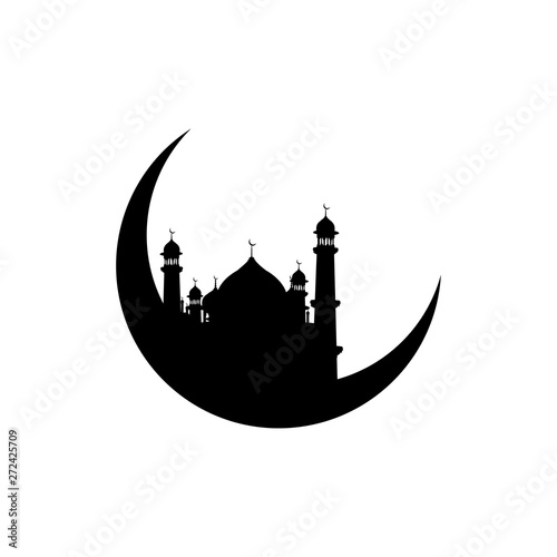 Islamic cityscape silhouettes with mosques and minarets with crescents on tops