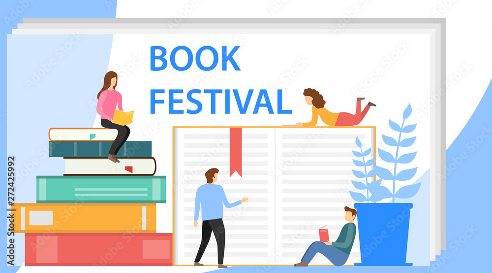 Obraz premium Book festival concept of a small people reading a open huge book. Colorful stacks of books with small people reading on blue background on poster for Book Festival.