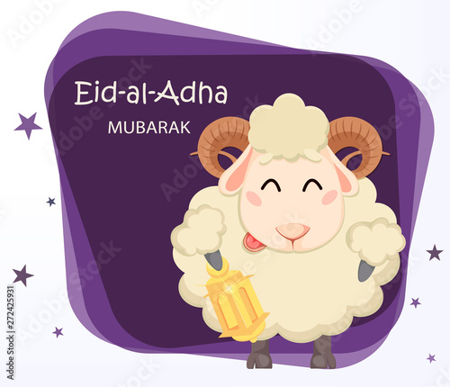 Eid al Adha Mubarak greeting card with funny ram