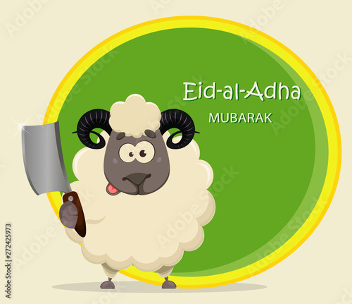 Eid al Adha Mubarak greeting card with funny ram