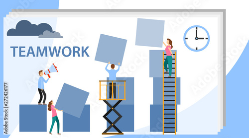 Teamwork, time to work. People connect elements, people working together. Vector illustration
