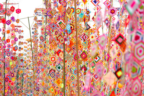 colorful tung flag as background, tung flag of Isan Kalasin Thailand photo