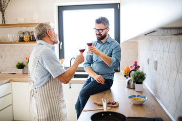 An adult hipster son and senior father indoors in kitchen at home, drinking wine.