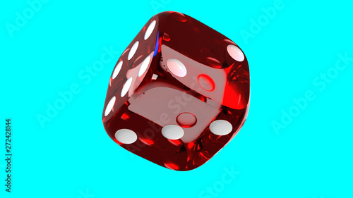 Red transparent plastic dice, rotating on a cyano background. photo