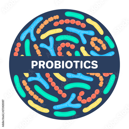 Vector probiotics in circular shape. Bifidobacterium, lactobacillus, streptococcus thermophilus, lactococcus, propionibacterium. Brochure, label, cover, poster, package, advertising, presentation photo