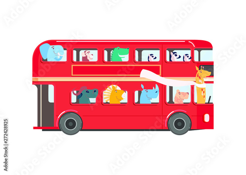 Obraz na plátně Cute african animals in red bus. Vector cartoon.