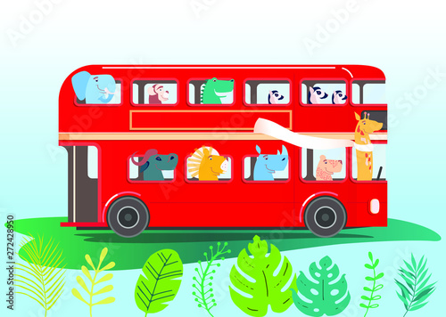 Cute african animals in red bus. Vector cartoon.