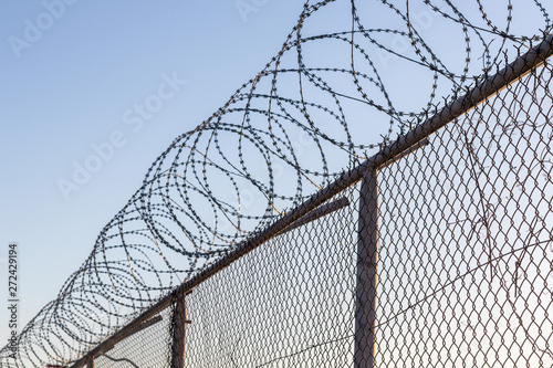 Coils of razor wire on top of a wire mesh fence, against a blue sky