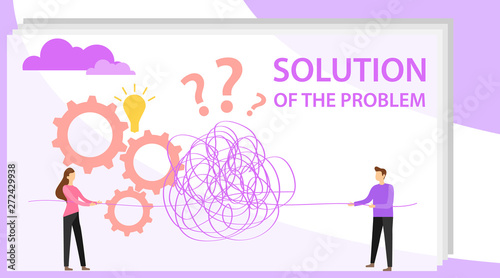 Solution to the problem. People unravel a thread to solve a problem. Vector illustration of a problem