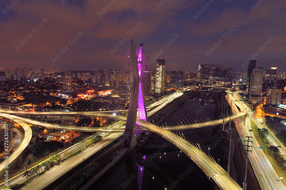 Fototapeta premium Cable-stayed bridge aerial view. São Paulo, Brazil. Business center. Financial Center. Great landscape.
