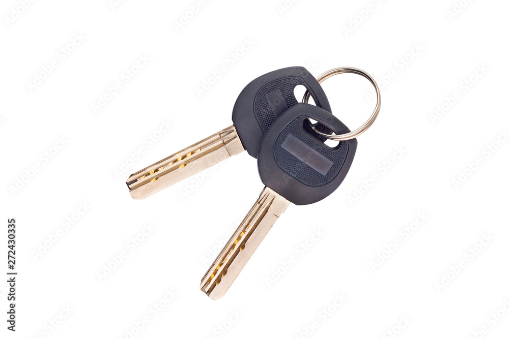 Pair of metal shiny keys with black plastic or rubber handle attached of keyring for door or car isolated on white background Pair of metal shiny keys with black plastic or rubber handle attached of keyring for door or car isolated on white background