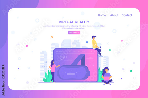 Virtual reality concept for landing page design with character of people wearing goggle headset and touching vr interface, learning with imaginary or virtual world. Vector VR glasses, helmet