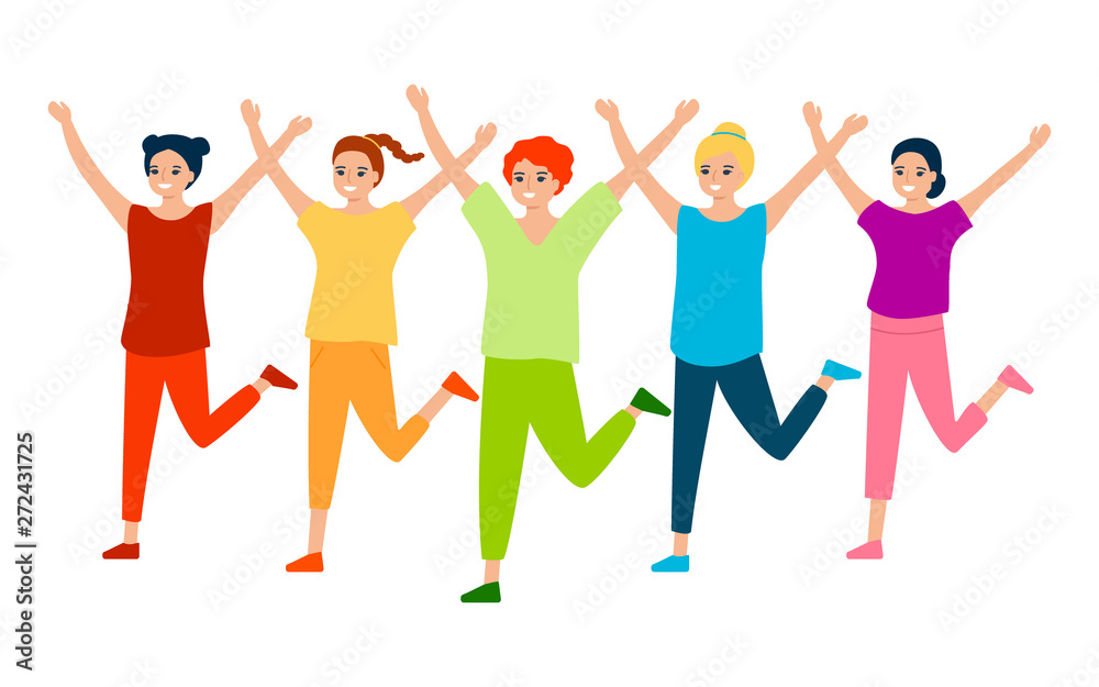 Beautiful happy women train, play sports, dance. Sports group warm-up, dance training, zumba, fitness, gym, health training. Healthy lifestyle. Vector illustration on white background. Beautiful happy women train, play sports, dance. Sports group warm-up, dance training, zumba, fitness, gym, health training. Healthy lifestyle. Vector illustration on white background.