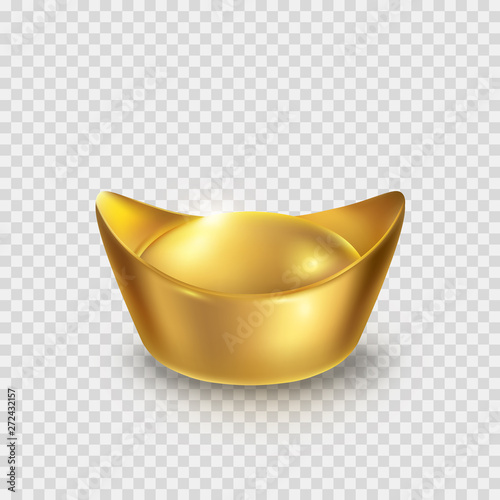 Chinese gold ingot isolated on transparent background. Vector golden money icon.