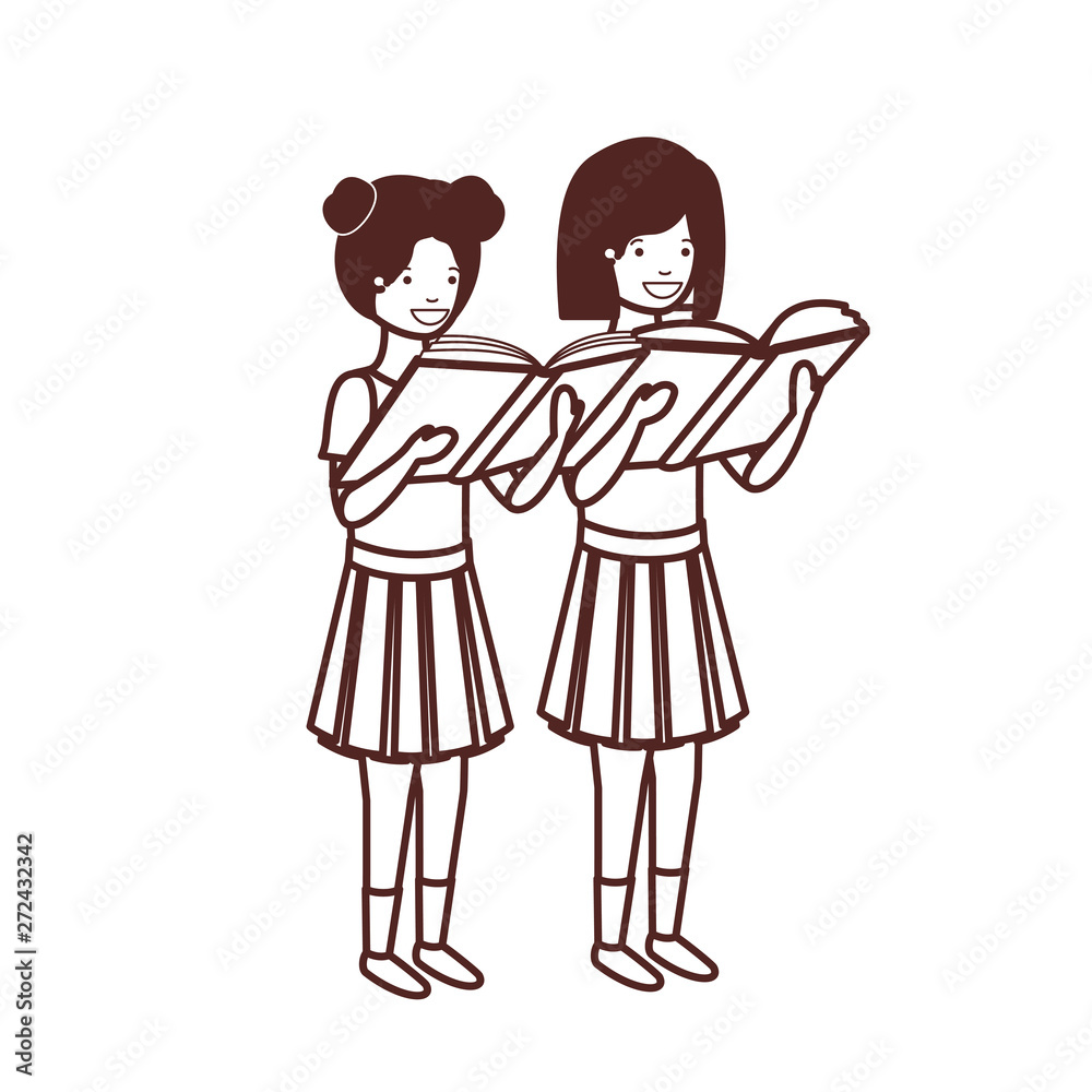 silhouette of student girls with reading book in the hands silhouette of student girls with reading book in the hands