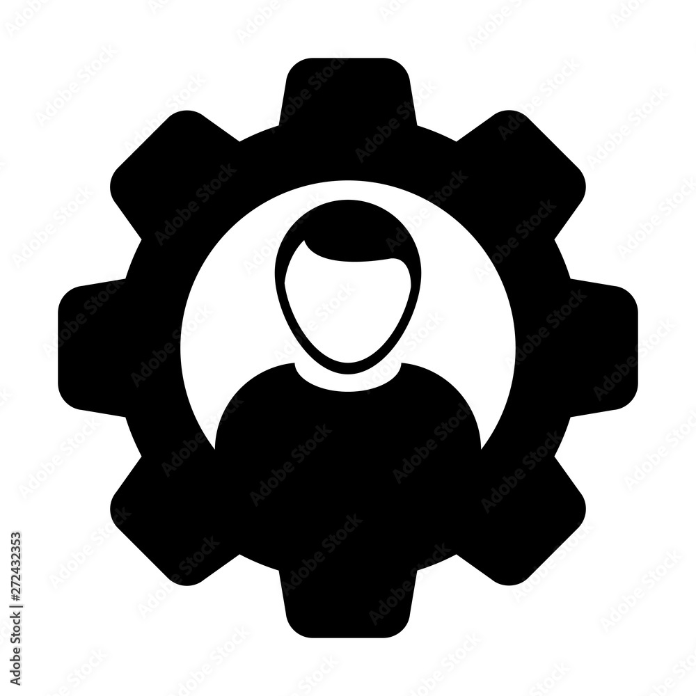 Settings icon vector male person profile avatar with gear cogwheel for configuration in flat color glyph pictogram illustration Settings icon vector male person profile avatar with gear cogwheel for configuration in flat color glyph pictogram illustration