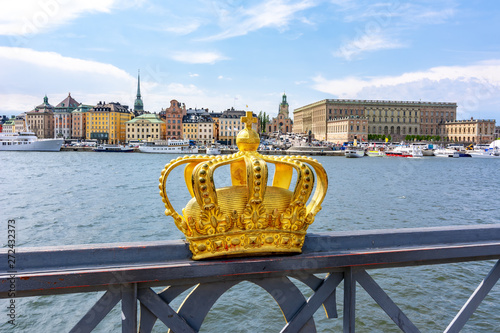 Stockholm old town cityscape with Royal palace and Royal crown, Sweden photo