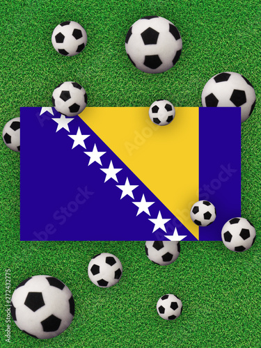 Football  soccer 2020. Bosnia  flag with football balls on a grass background. Championship in Europe. 3D illustration.