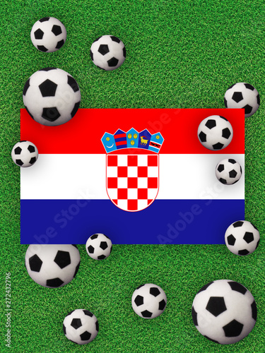 Football  soccer 2020. Croatia  flag with football balls on a grass background. Championship in Europe. 3D illustration.