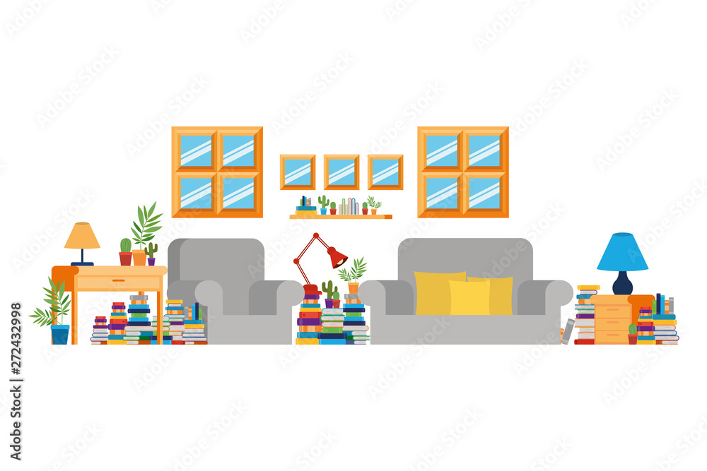 living room with couch and stack of books